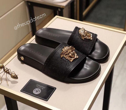 VERSACE MEDUSA SLIDE First Copy Slipper Black And Gold