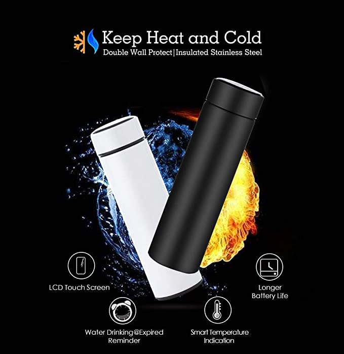 Stainless Steel Smart Vacuum Insulated Water Bottle with LED Temperature Display, Perfect for Hot and Cold Drinks (Black,500 ml)