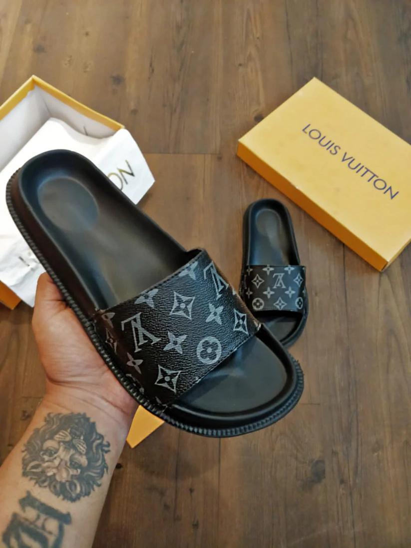 Louis Vuitton black palm slippers